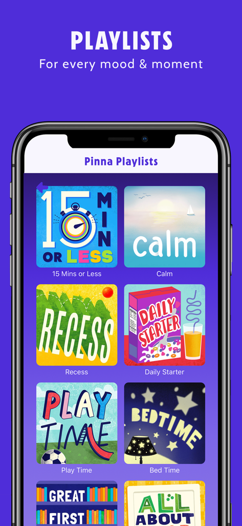 Pinna: Audio stories for kids - Pinna app screen showing various audio story playlists for children like Bed Time and Calm