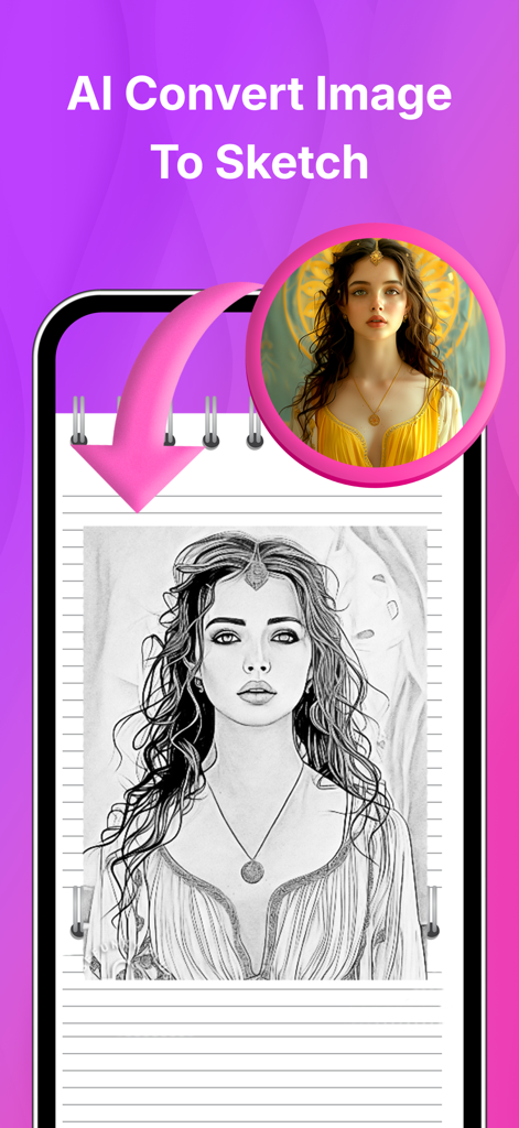 AI tool converting a color portrait photo into a black and white pencil sketch