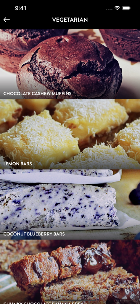 Paleo Plate - Paleo Plate app interface showing vegetarian dessert recipes like chocolate cashew muffins and lemon bars