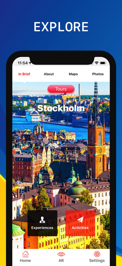 스톡홀름 여행 가이드 앱의 메인 인터페이스에 도시의 멋진 풍경과 투어, 체험, 활동에 대한 내비게이션 옵션이 표시됩니다.