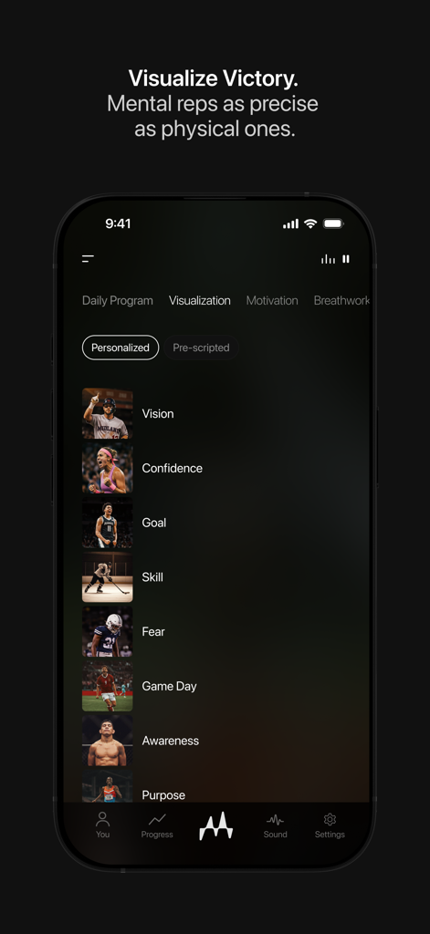 The Mastery App - Visualization training modules for athletes on The Mastery App interface including categories for confidence and game day preparation.