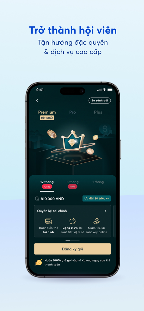 MB Bank app screen for premium membership registration showing exclusive financial perks