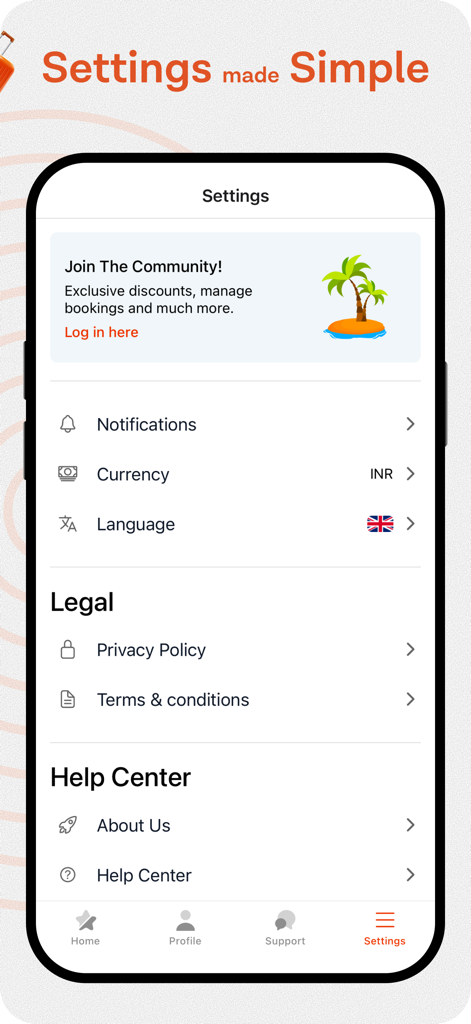 El menú de configuración de la aplicación de viajes Tryp que muestra las preferencias del usuario, como la moneda y el idioma.