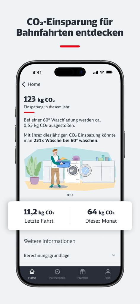 Screenshot of the BahnBonus app showing environmental impact and CO2 savings compared to laundry cycles.