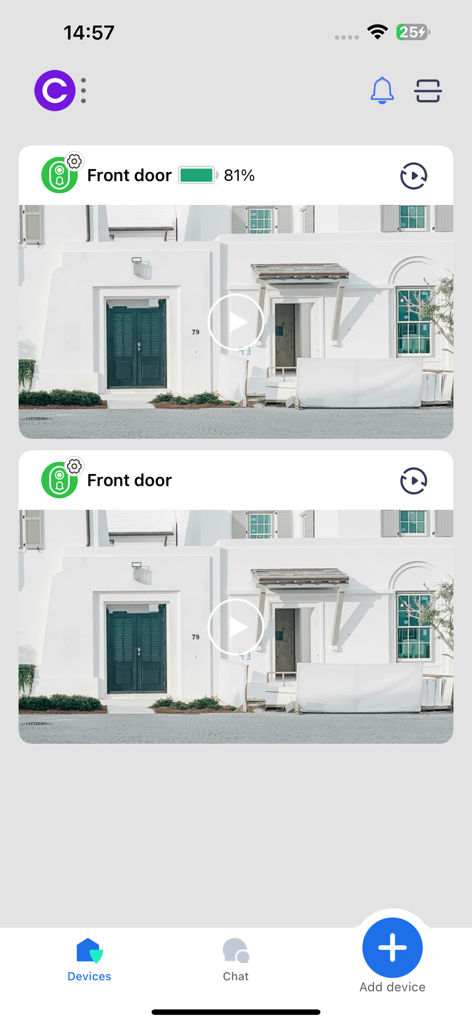 Screenshot of the Camtro app dashboard showing multiple front door security camera feeds with battery levels
