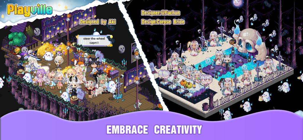PlayVille avatar game screenshot showing creative pixel art rooms and custom costumes