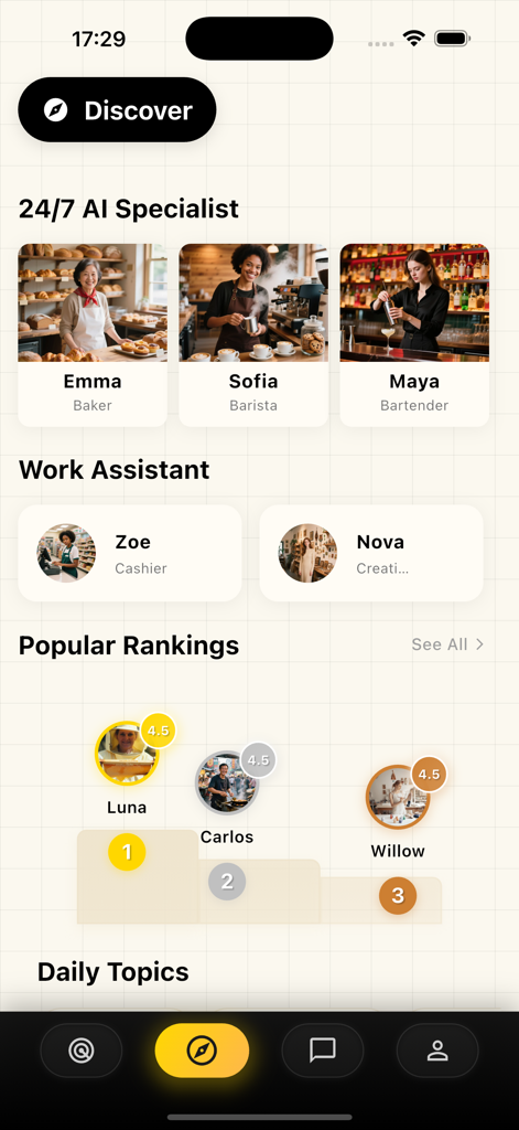 Peameet-Emotional AI Companion - Peameet app discover interface featuring 24/7 AI specialists and work assistants.
