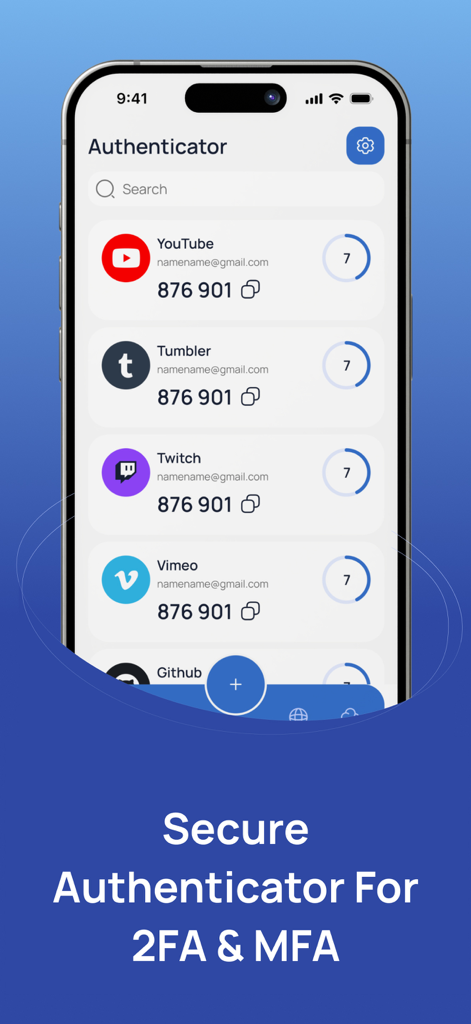 Authenticator: Secure 2FA, MFA - iPhone screen displaying the Authenticator app with a list of 2FA codes for YouTube Twitch and other services