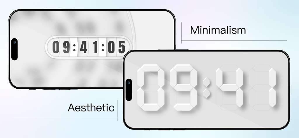 Zen Flip Clock - Minimal Timer - Dos iPhones mostrando esferas de reloj digital minimalistas y estéticas de la aplicación Zen Flip Clock.