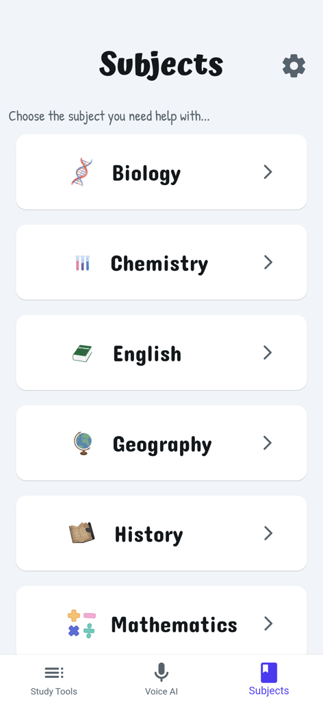 Tela mostrando uma variedade de matérias acadêmicas como Biologia, Química e Matemática no aplicativo móvel StudySmart AI.