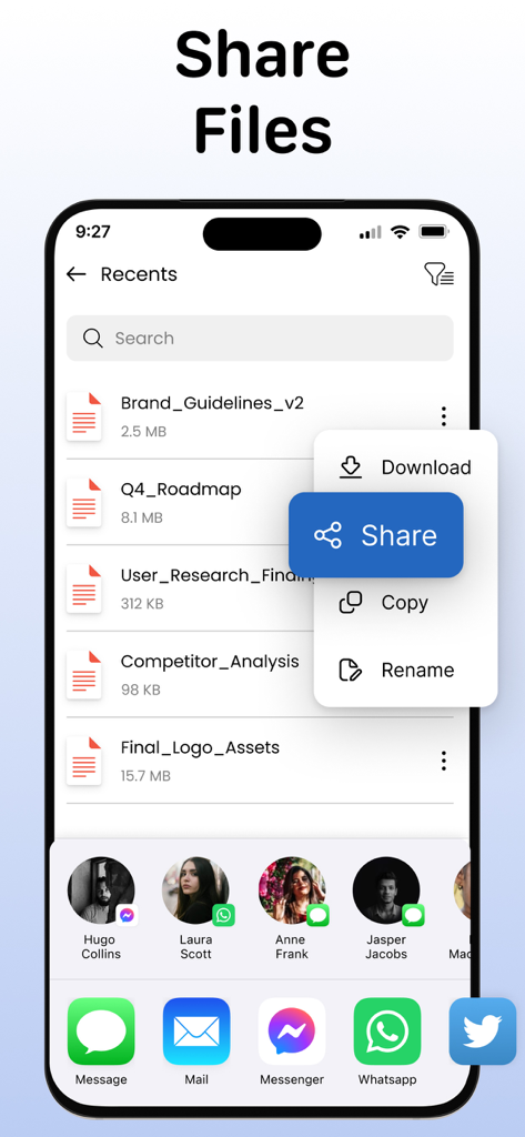 Text to Handwriting Converter - A mobile app screen titled Share Files showing a list of documents and a sharing menu.