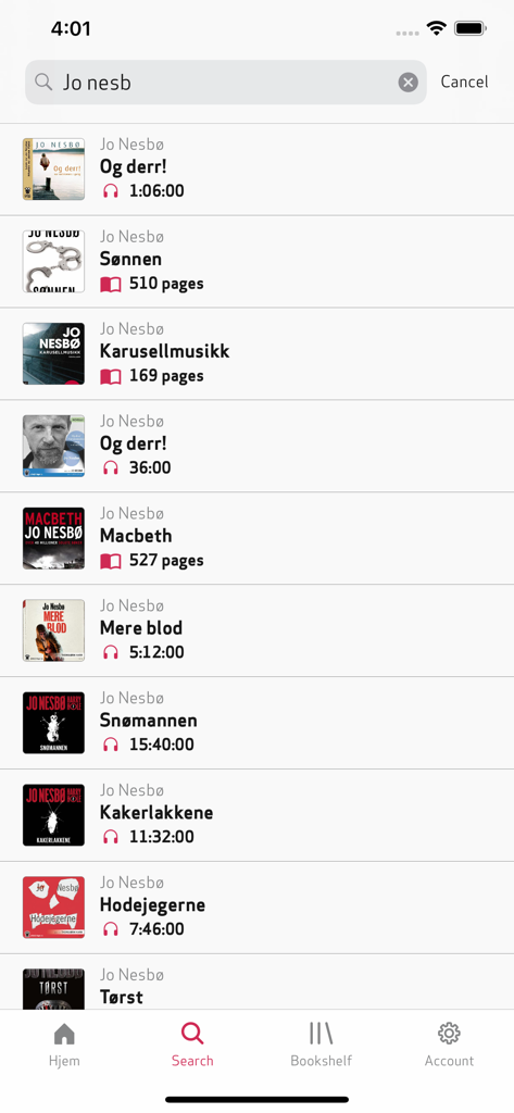 EBOK.NO - EBOK.NO app search interface displaying results for Norwegian author Jo Nesbo including ebooks and audiobooks