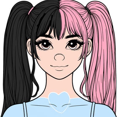 realistic pretty girl with face and nose and two high pigtails and straight hair