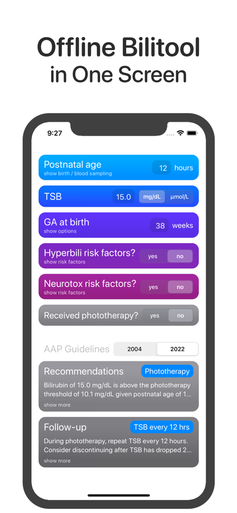 Bilitool app screen for calculating newborn bilirubin levels and phototherapy recommendations based on AAP guidelines