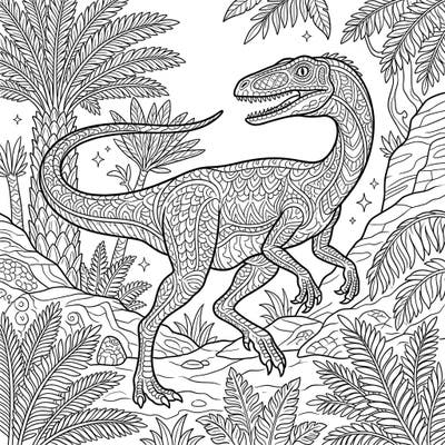 Embark on a creative journey to the Late Triassic period with this stunning Coelophysis adult coloring page. Its intricate patterns and lush prehistoric background offer hours of relaxing, detailed coloring.
