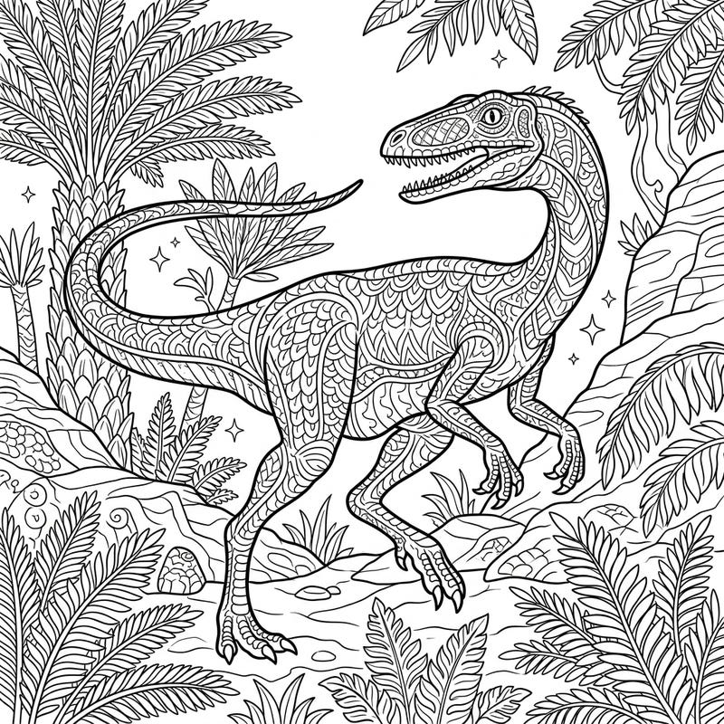Embark on a creative journey to the Late Triassic period with this stunning Coelophysis adult coloring page. Its intricate patterns and lush prehistoric background offer hours of relaxing, detailed coloring.