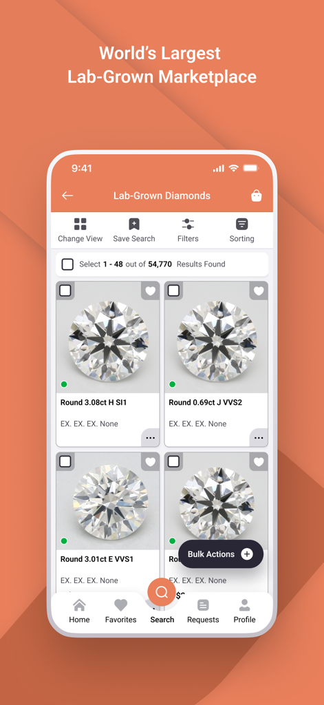 VDB - Virtual Diamond Boutique - A mobile screenshot of the VDB app displaying a grid search results for lab-grown round diamonds with high-definition images and technical specifications.