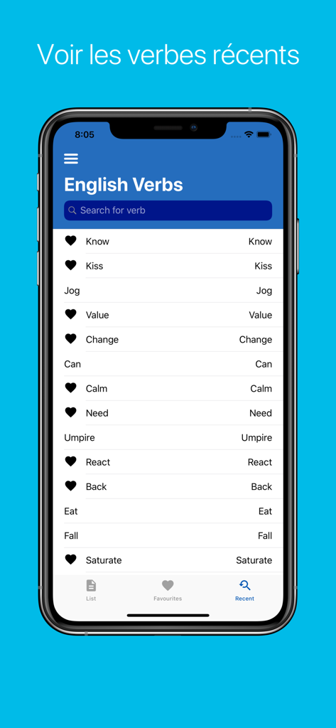 Screenshot of the recent verbs list in the French Verb Conjugator app showing a list of verbs and search bar.