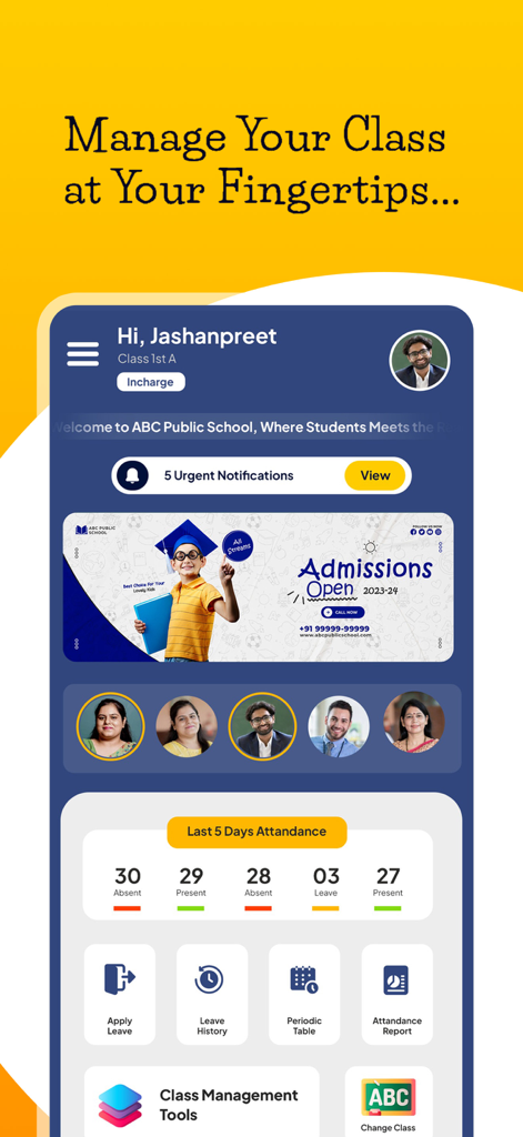 Dashboard dell'app Class ON Insegnanti che mostra un riepilogo delle presenze della classe e strumenti di gestione