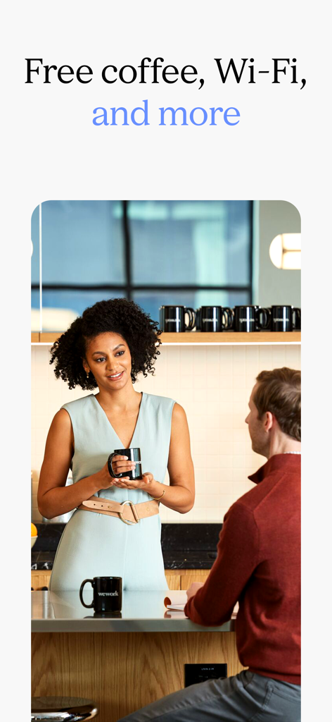 WeWork: Flexible Workspace - Two professionals talking in a modern office with free coffee and wifi