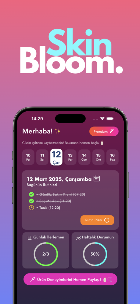 SkinBloom - Yüz Yogası - Panel de la aplicación móvil SkinBloom que muestra una lista de verificación de la rutina diaria de cuidado de la piel con gráficos de seguimiento del progreso
