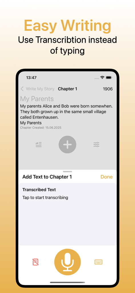 Write My Life Story - Interface of Write My Life Story app demonstrating voice to text transcription for easy memoir writing