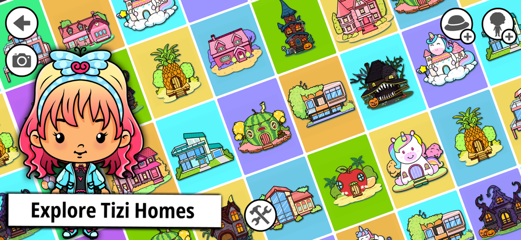 Tizi My Dream Home Design Game - A character in front of a grid of various themed dollhouses like a pineapple house watermelon house and princess castle