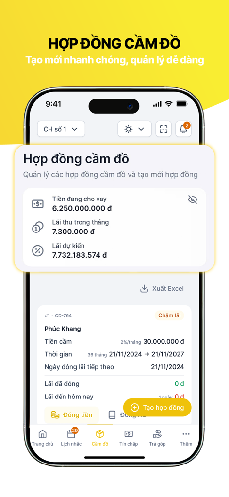 LendMe - La aplicación de gestión de casas de empeño LendMe muestra contratos de préstamo y estadísticas de intereses en vietnamita