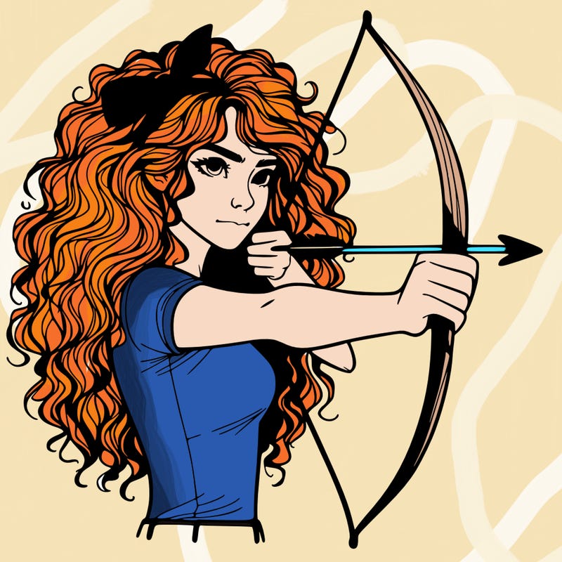 a woman with curly and messy hair using a bow to shoot arrow realistic