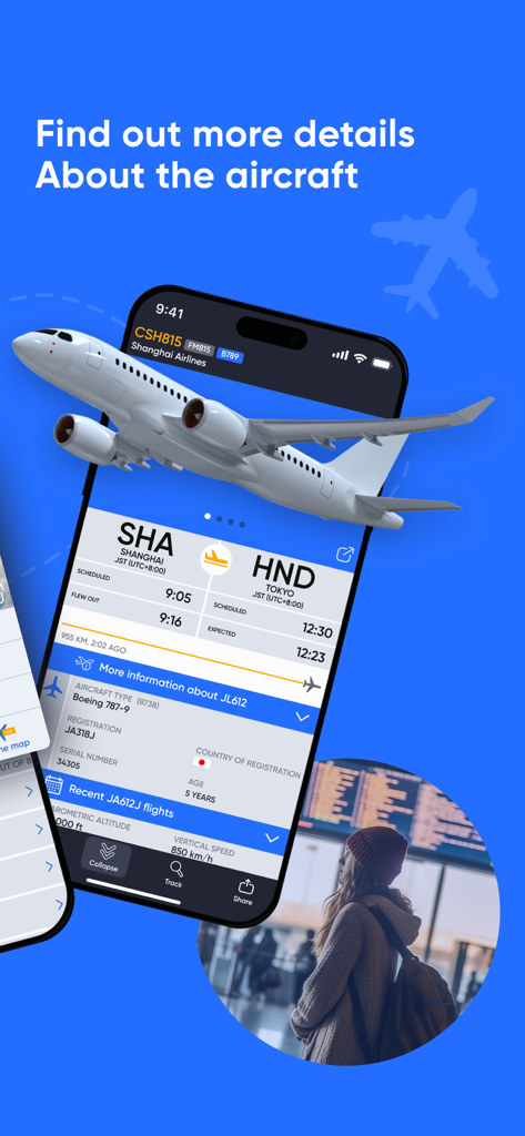 Pantalla de la aplicación móvil que muestra detalles técnicos de la aeronave, incluido el modelo Boeing 787 e información de la ruta de vuelo