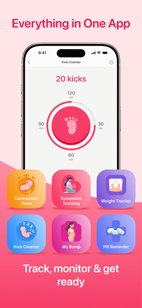 Pregnancy Tracker App ⁯ - Interface of the Pregnancy Tracker app showing the kick counter feature and icons for contraction timer, symptoms tracking, and pill reminder.