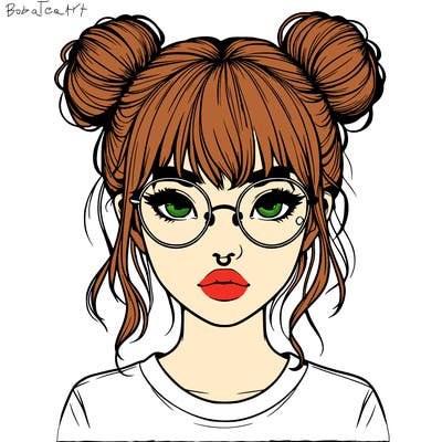 realistic girl with glasses & space buns with a nose