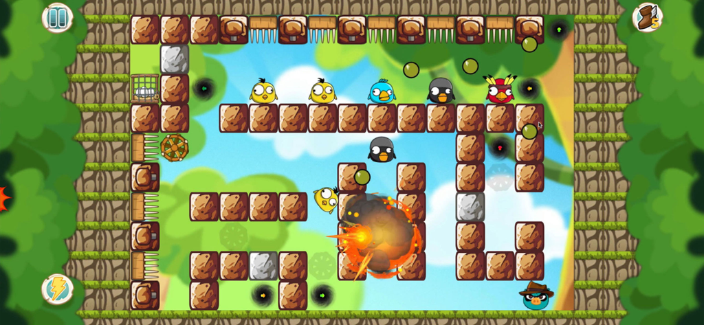 '헝그리 피기 vs 치킨'의 게임 플레이 화면, 제임스 피기가 화려한 닭과 장애물이 있는 레벨을 탐색하는 모습