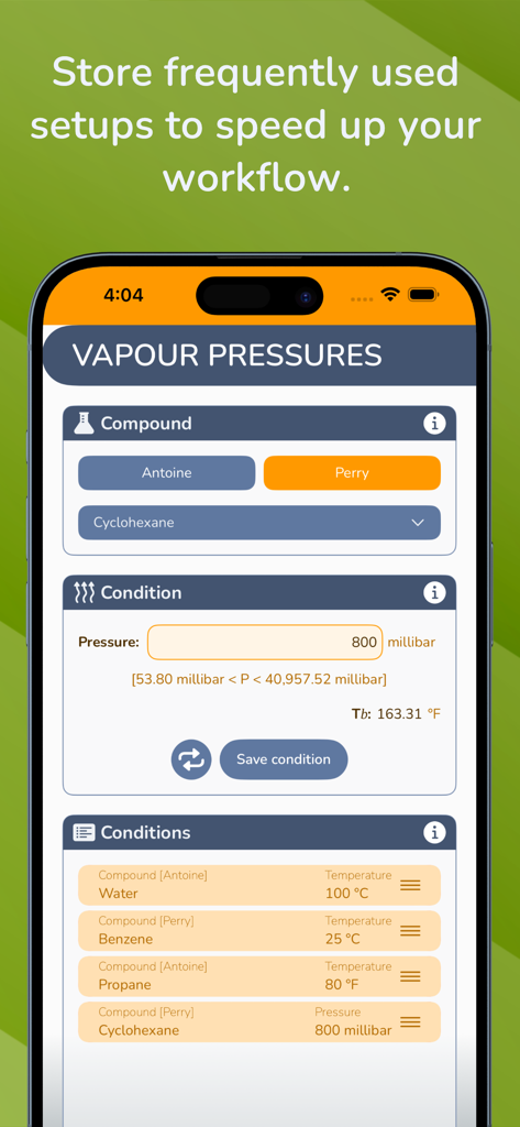 Vapour Pressures app screen displaying saved chemical compound calculation setups