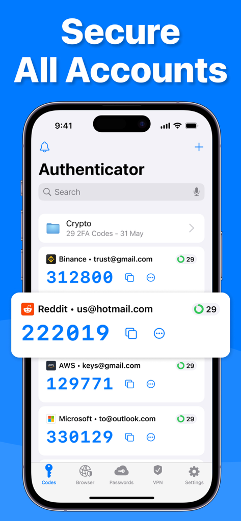 Authenticator app interface on an iPhone displaying two-factor authentication codes for multiple accounts