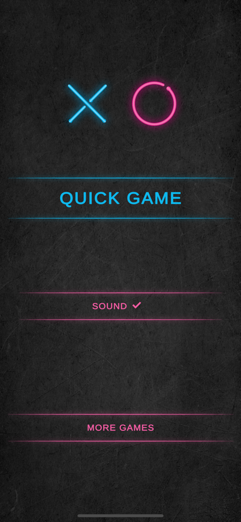 XO - Tic Tac Toe - 2 Player - Main menu of XO Tic Tac Toe app with neon X and O icons and options for quick game and sound settings on a dark background