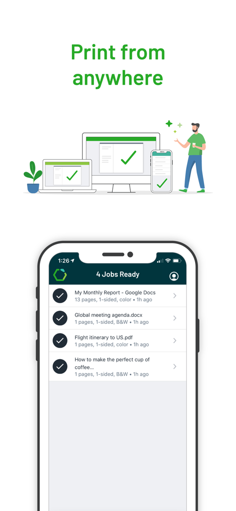Mobiler Bildschirm der PaperCut Hive App, der druckbereite Aufträge zur sicheren Freigabe auflistet