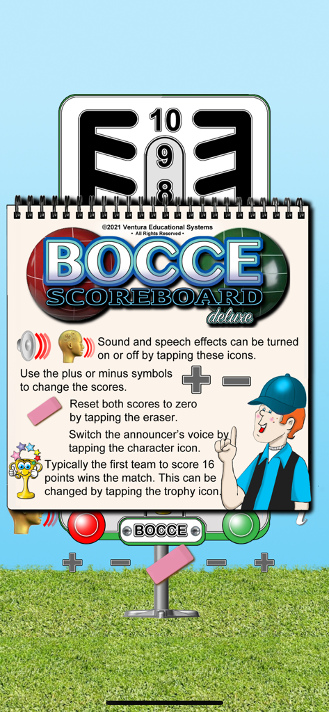 Bocce Scoreboard Deluxe - Tutorial screen for the Bocce Scoreboard Deluxe app illustrating how to adjust scores and settings.
