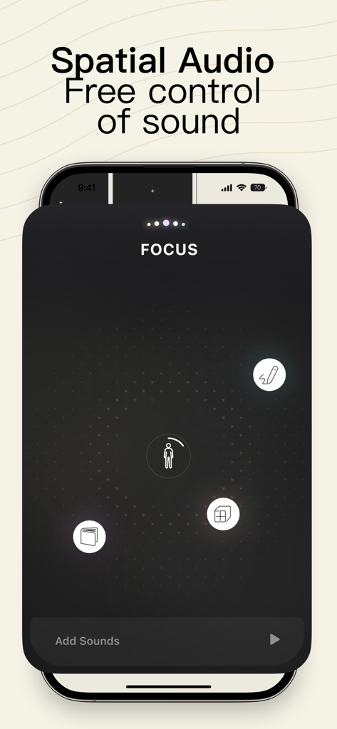 A mobile app interface displaying spatial audio controls for focus and concentration with a dark aesthetic design.