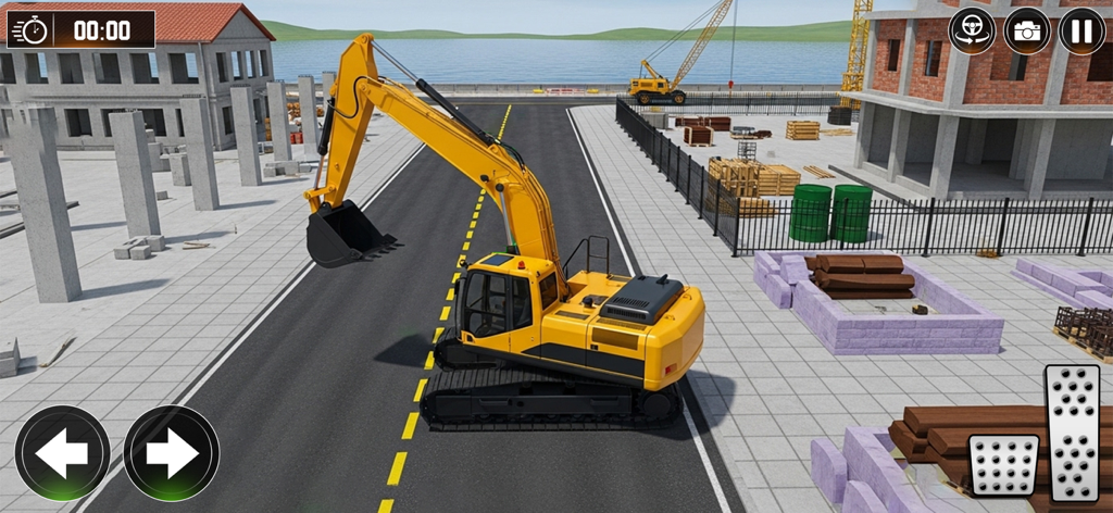 Heavy Excavator Machine Game - Captura de tela da jogabilidade de uma escavadeira pesada amarela em um canteiro de obras na cidade perto da água