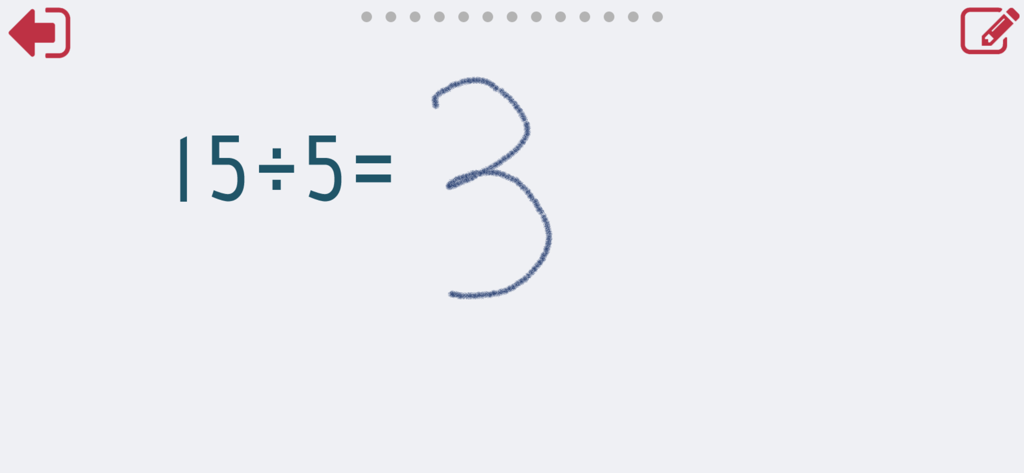 Division math problem 15 divided by 5 with a handwritten answer 3 in the app interface