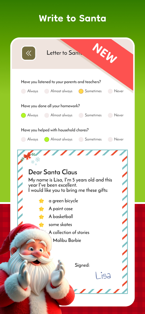 Santa Video Call – Fake Chat - Digital letter to Santa interface with behavioral questions and a personalized gift list.