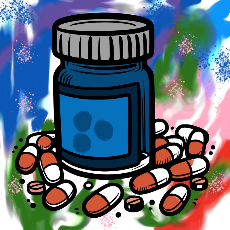 pill bottle with pills scattered all around