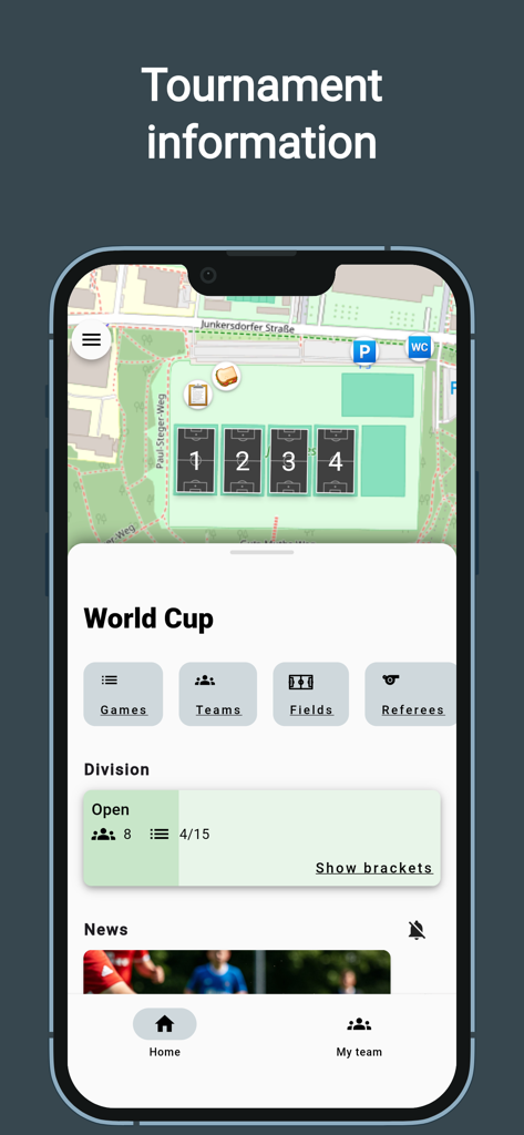 Tourney Maker - Tournament information screen with an interactive map of sports fields in the Tourney Maker app.
