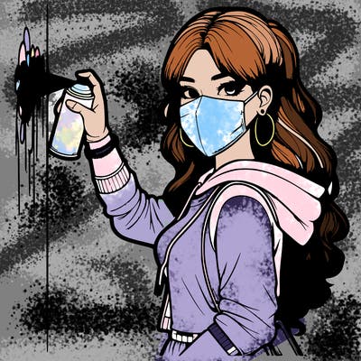 realistic girl with mask spray painting a wall
