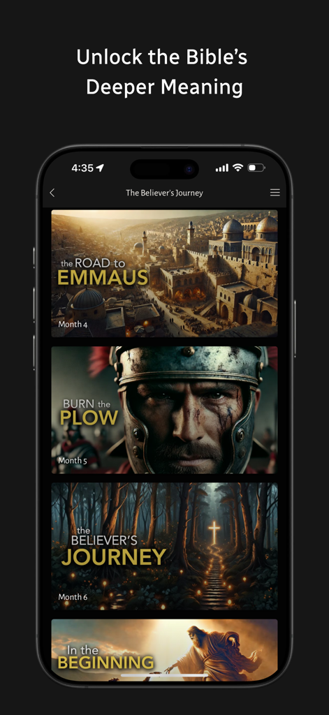 Smartphone screen displaying cinematic Bible study video lessons from the Kingdom Story Films app.