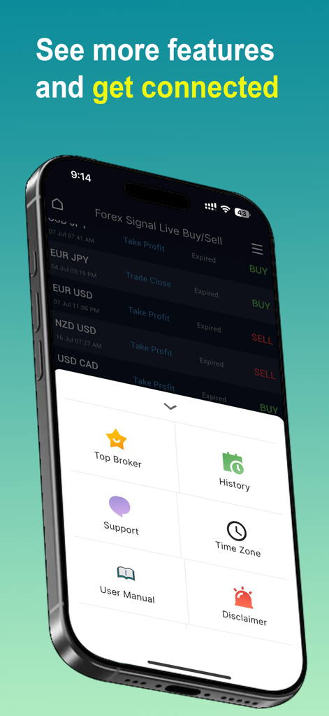 Mobile app interface displaying forex trading signals and a navigation menu for brokers and history