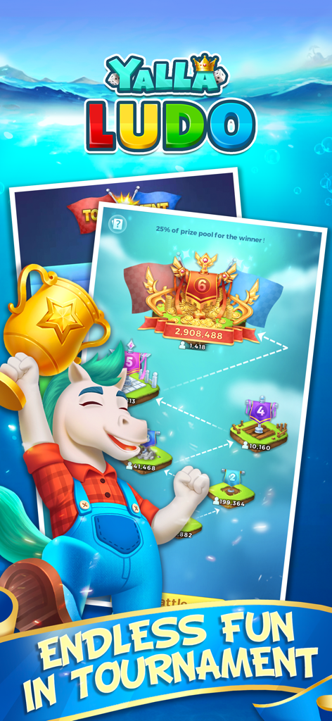 Yalla Ludo game screenshot showing a tournament map and a horse character holding a gold trophy