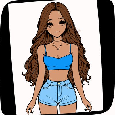 a realistic girl with long hair and in a crop top and shprts