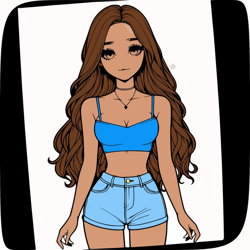 a realistic girl with long hair and in a crop top and shprts